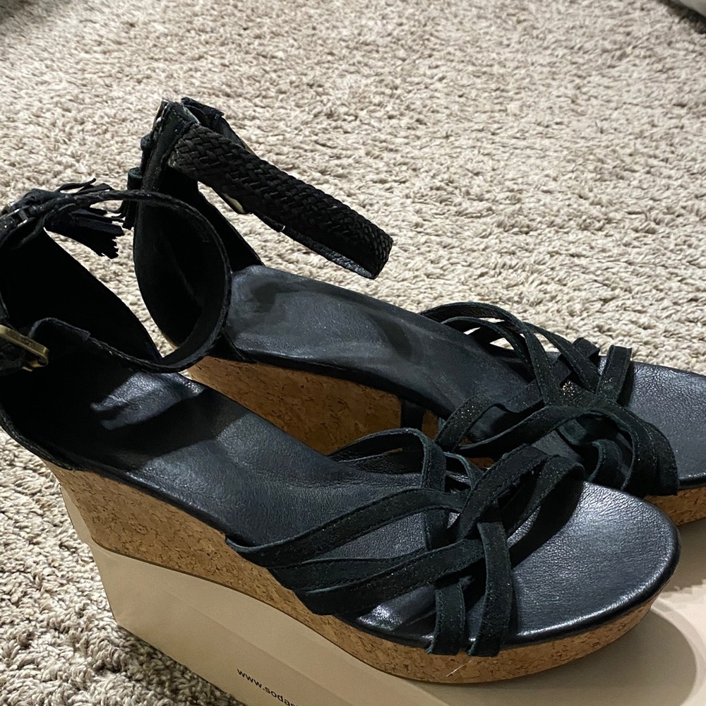 UGG Black Cork Wedge Sandals with Ankle Strap